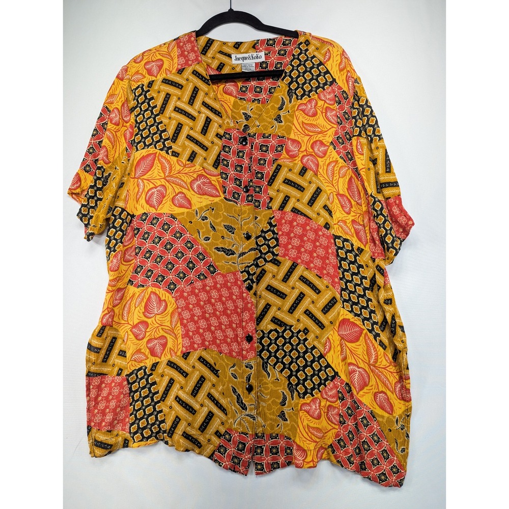Jacque & KoKo Vintage Patchwork Batik Print Rayon Blouse Mustard Red‎ Plus 14/16